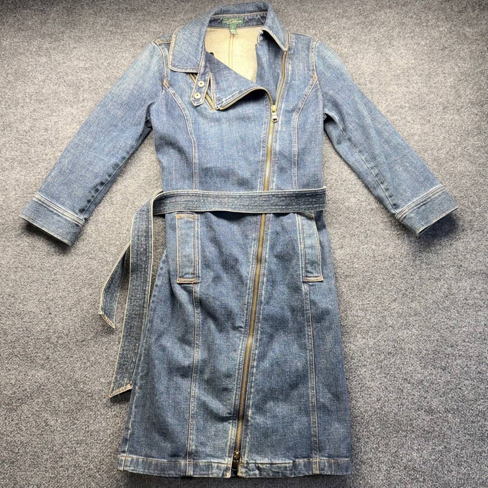 Lauren Ralph Lauren Denim Dress Sz 6 Moto Asymmetric Zip Belted Trench Midi Blue